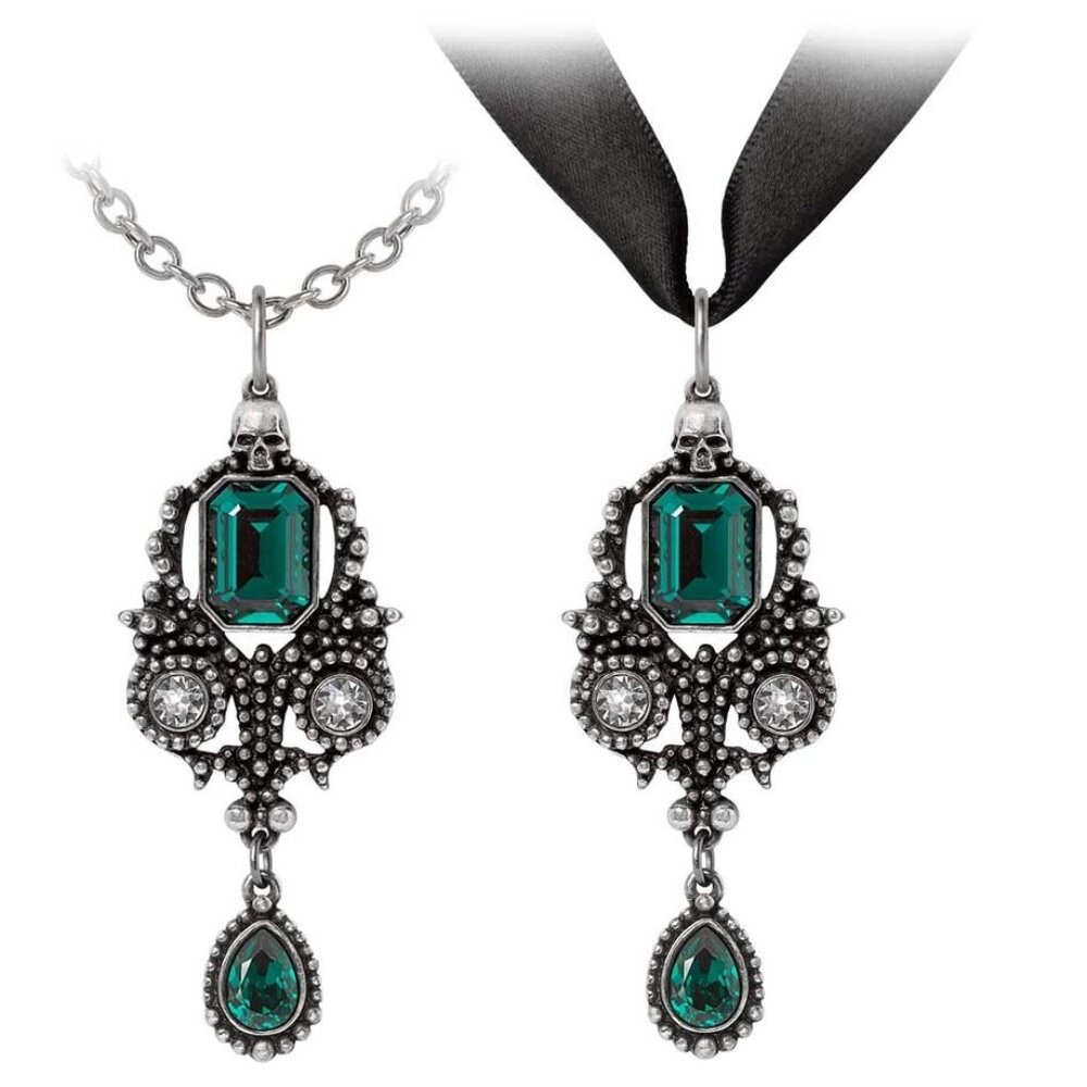 Alchemy Gothic Lost Jewels of Paris Green Baguette Crystal Skull Necklace